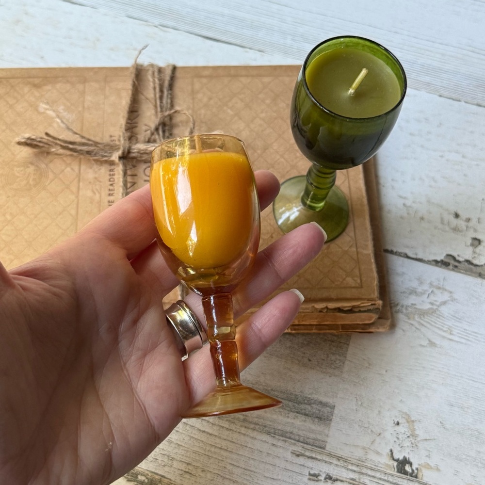 Vintage Green & Amber Miniature Wine Glass Candle Holders (Set of 2) Fall Colors